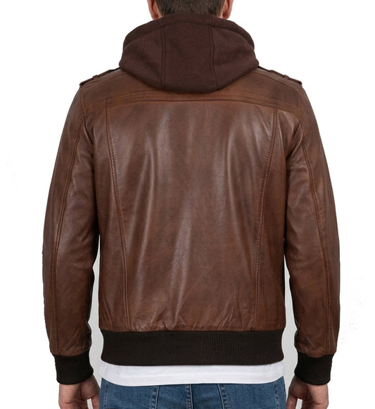 Men’s Brown Lambskin Bomber Motorcycle Jacket with Detachable Hood