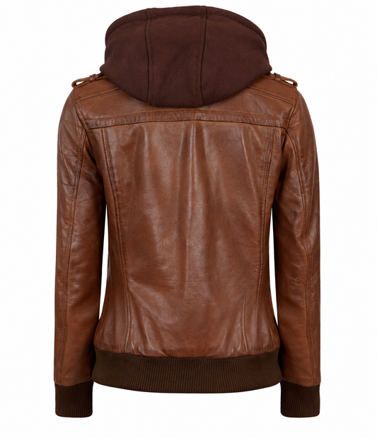 Back view of Edinburgh women's brown hooded bomber leather jacket showing hood design, smooth leather panels, stitched detailing, and ribbed hem