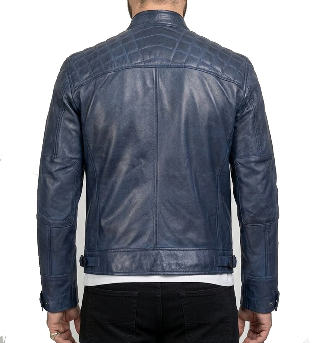 Men’s Navy Blue Waxed Café Racer Leather Jacket – Genuine Leather