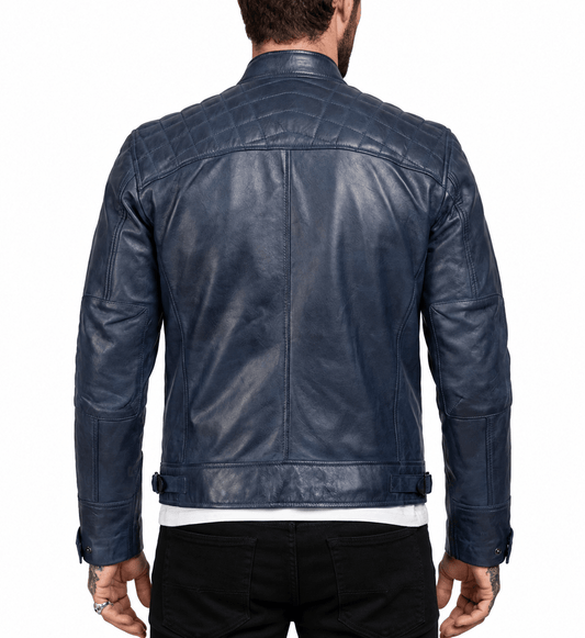 Men’s Navy Blue Waxed Café Racer Leather Jacket – Genuine Leather - Men's Leather Jacket - XS - INDIGO JACKETS