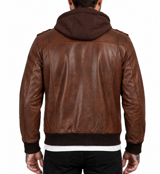 Men’s Brown Lambskin Bomber Motorcycle Jacket with Detachable Hood