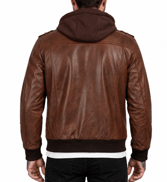 Men’s Brown Lambskin Bomber Motorcycle Jacket with Detachable Hood - Men's Leather Jacket - XS - INDIGO JACKETS