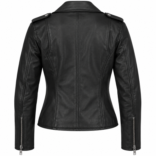 Back view of women's black sheepskin leather biker jacket featuring a fitted silhouette, contoured panel seams, shoulder epaulettes, and sleeve zipper details.