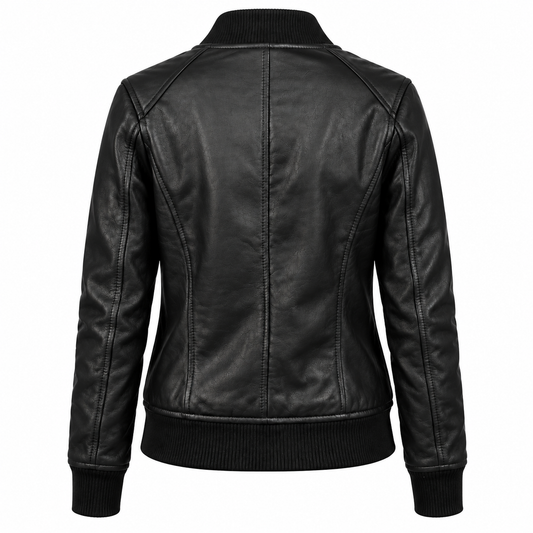 Back view of women's black lambskin leather bomber jacket featuring a ribbed collar, cuffs, waistband, and tailored leather panel stitching.
