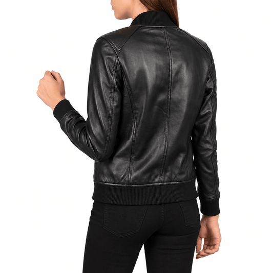 Black Leather Bomber Jacket – Women's Sheepskin Varsity Jacket - Women's Leather Jacket - XS - INDIGO JACKETS