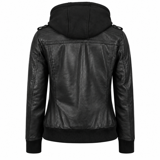 Back view of a women's black hooded leather bomber jacket featuring stitched leather panels, a fabric hood, and rib-knit cuffs and waistband.