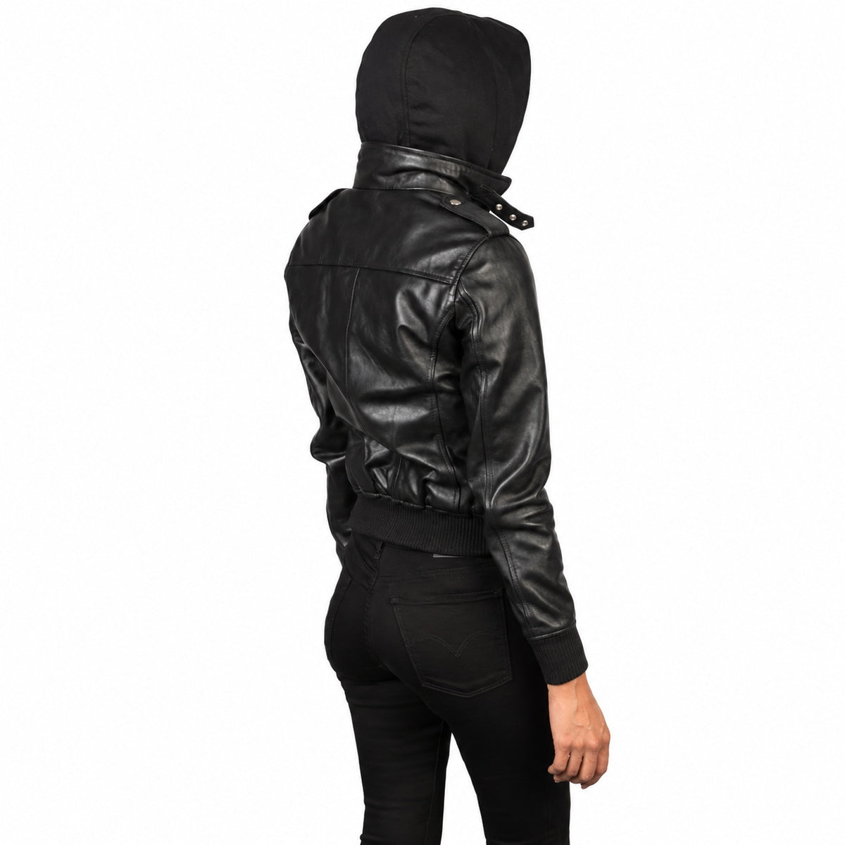 Roslyn Black Hooded Leather Bomber Jacket - Real Sheepskin Leather