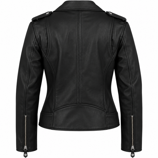 Women's black leather biker jacket back view with tailored panel seams, shoulder epaulettes, and sleeve zipper details.