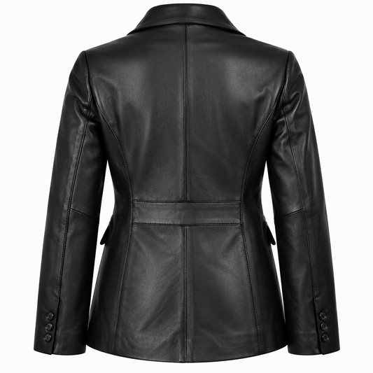 Back view of a women's black leather blazer with tailored seams