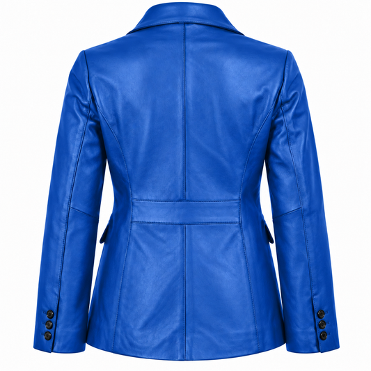 Women's Cobalt Blue Two-Button Lambskin Leather Blazer