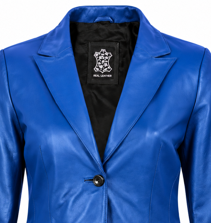 Women's Cobalt Blue Two-Button Lambskin Leather Blazer