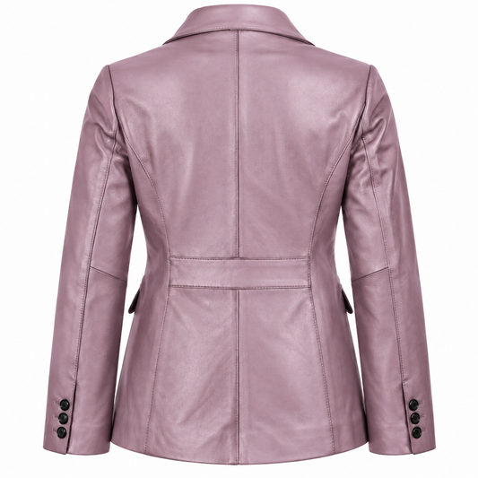 Back view of the women's dusty lavender tailored leather blazer showing its rear panels, long sleeves and curved hem.