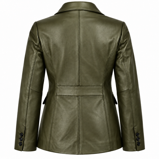 Back view of an olive green women's leather blazer with a structured collar, tailored seams and three cuff buttons on each sleeve.