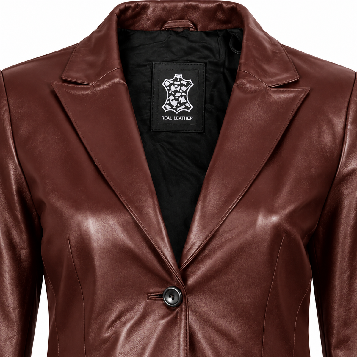 Close-up of the red mahogany blazer's notched leather lapels, stitching, dark button and black inner lining.