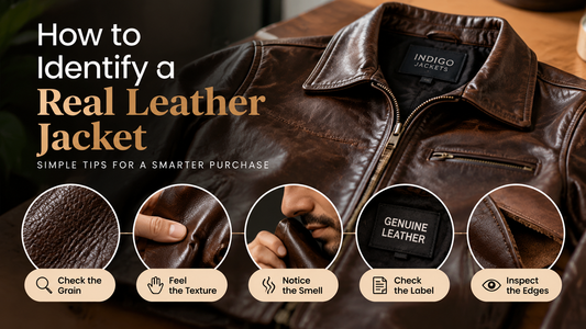 Brown genuine leather jacket with close-up details illustrating how to identify real leather by grain, texture, label, and edges.