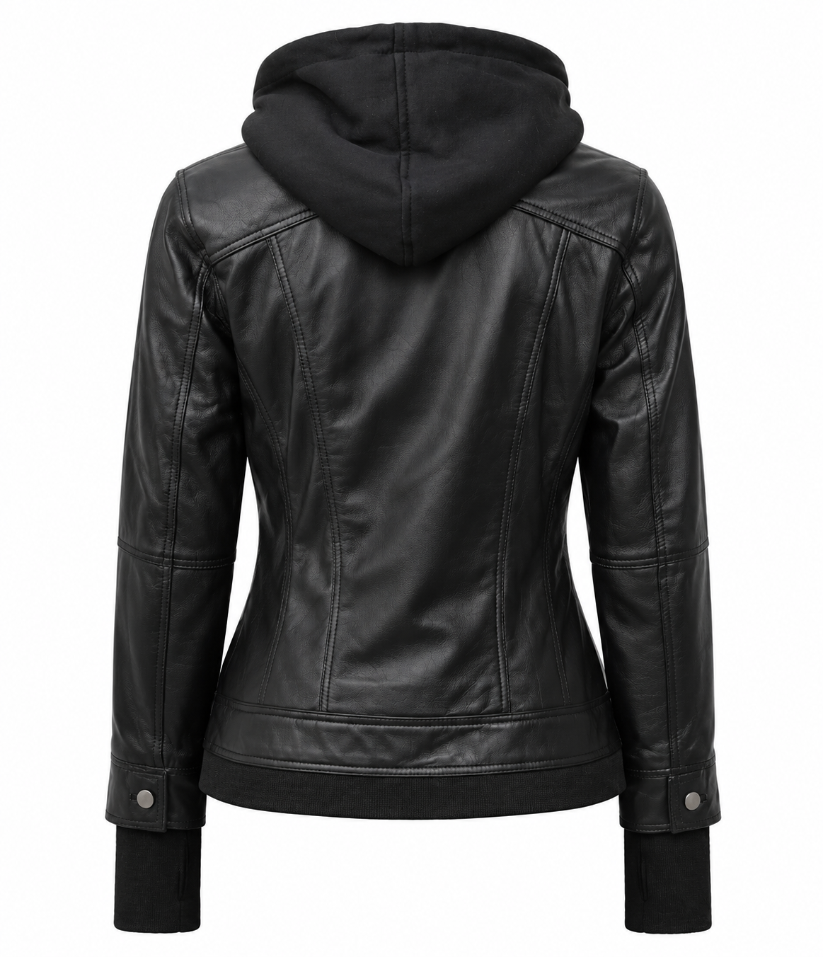 Back view of a black hooded leather jacket showing smooth leather panels, hood design, stitched detailing, ribbed hem, and sleeve cuffs