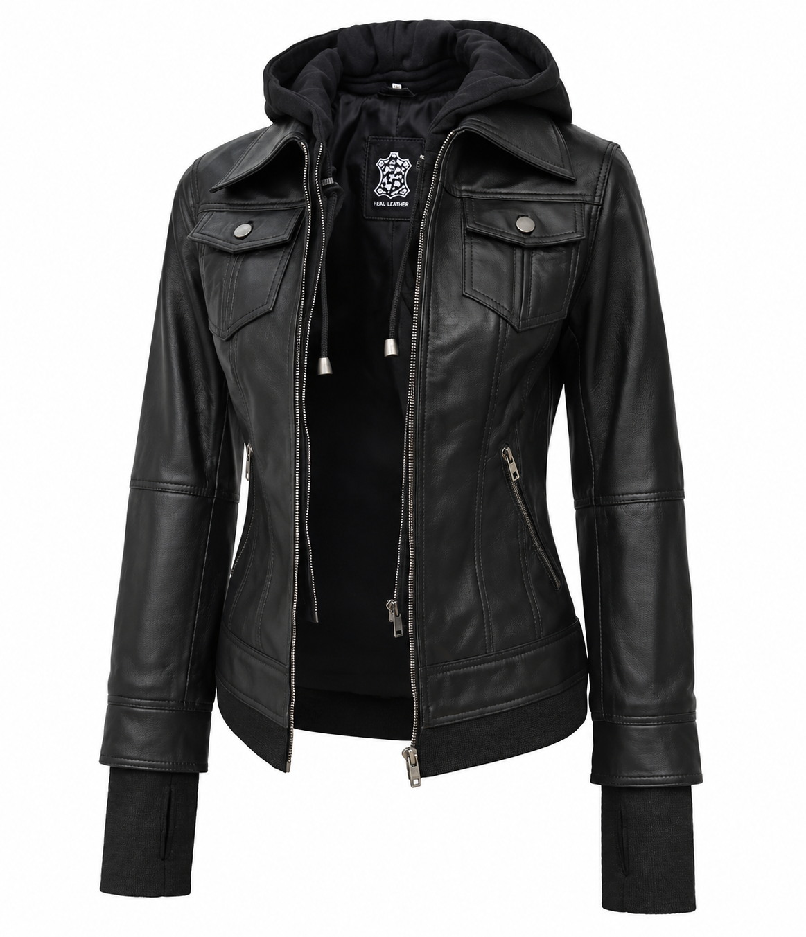 Front view of a black hooded leather jacket featuring zip closure, chest pockets, side pockets, ribbed cuffs, and premium leather texture