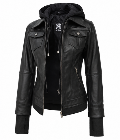 Front view of a black hooded leather jacket featuring zip closure, chest pockets, side pockets, ribbed cuffs, and premium leather texture