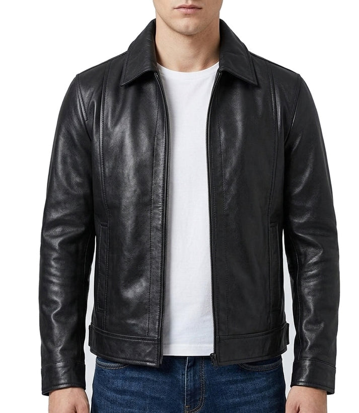 Men’s Black Genuine Leather Shirt Collar Jacket - Real Lambskin Leather