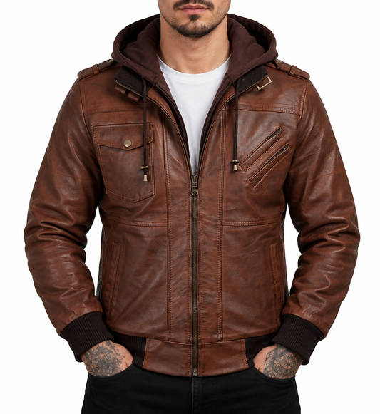 Men’s Brown Lambskin Bomber Motorcycle Jacket with Detachable Hood