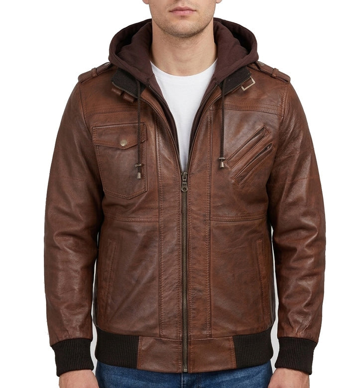 Men’s Brown Lambskin Bomber Motorcycle Jacket with Detachable Hood