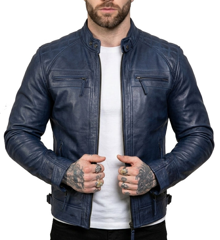 Men’s Navy Blue Waxed Café Racer Leather Jacket – Genuine Leather