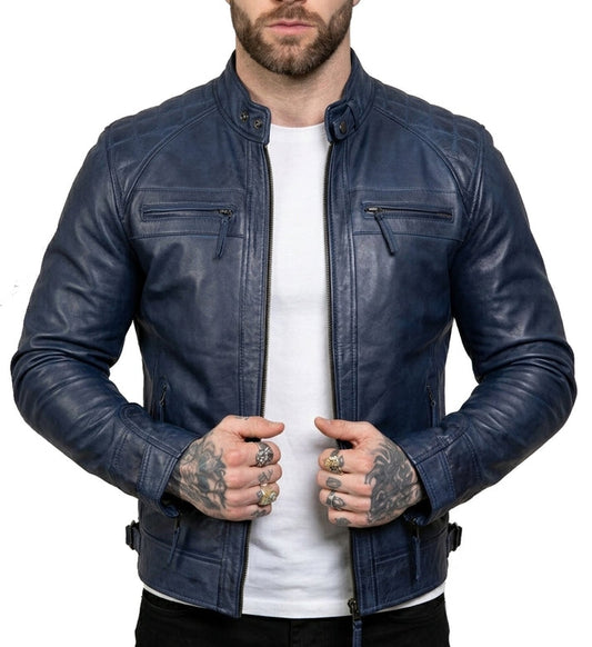 Men’s Navy Blue Waxed Café Racer Leather Jacket – Genuine Leather