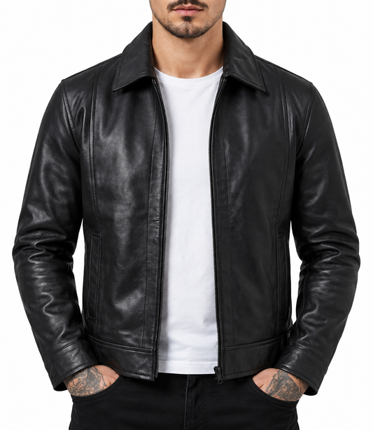 Men’s Black Genuine Leather Shirt Collar Jacket - Real Lambskin Leather