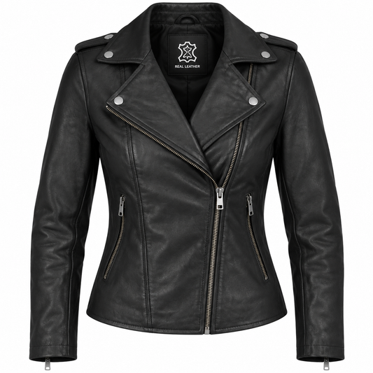 Women's black sheepskin leather biker jacket with asymmetrical zipper, wide lapels, silver hardware, and fitted waist, front view.