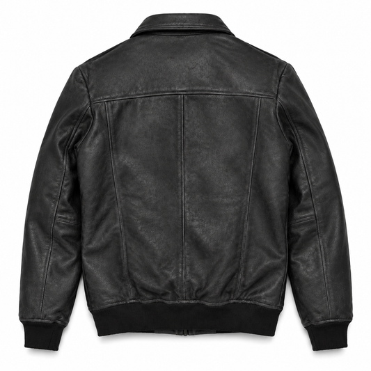 Back view of a black leather bomber jacket showing the rear panel, stitching and sleeves.