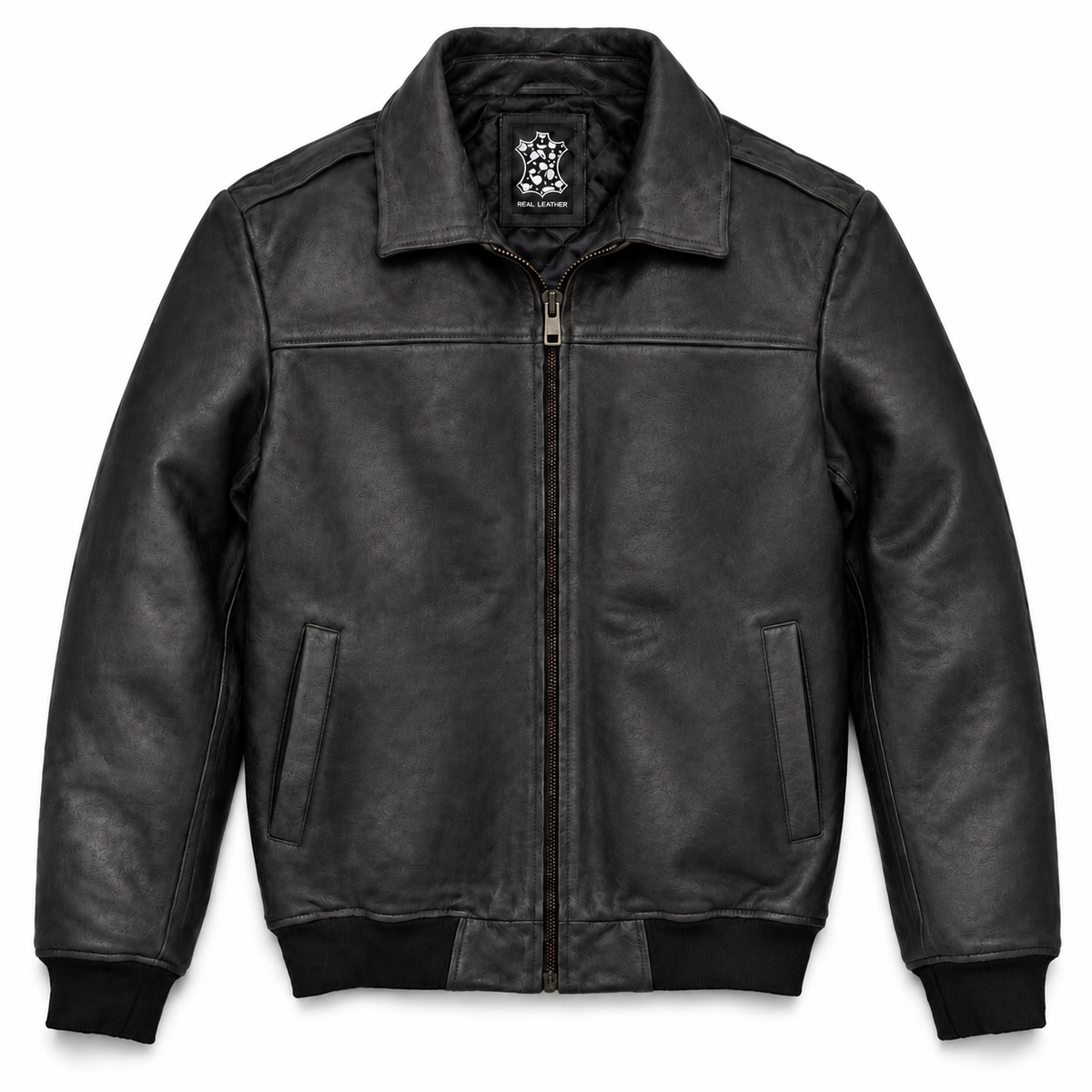 A black leather jacket with a front zipper, ribbed collar, cuffs, and hem, displayed on a clean white background.