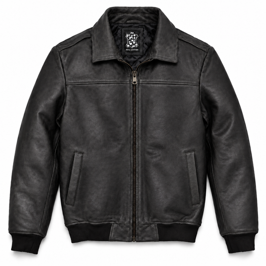 A black leather jacket with a front zipper, ribbed collar, cuffs, and hem, displayed on a clean white background.