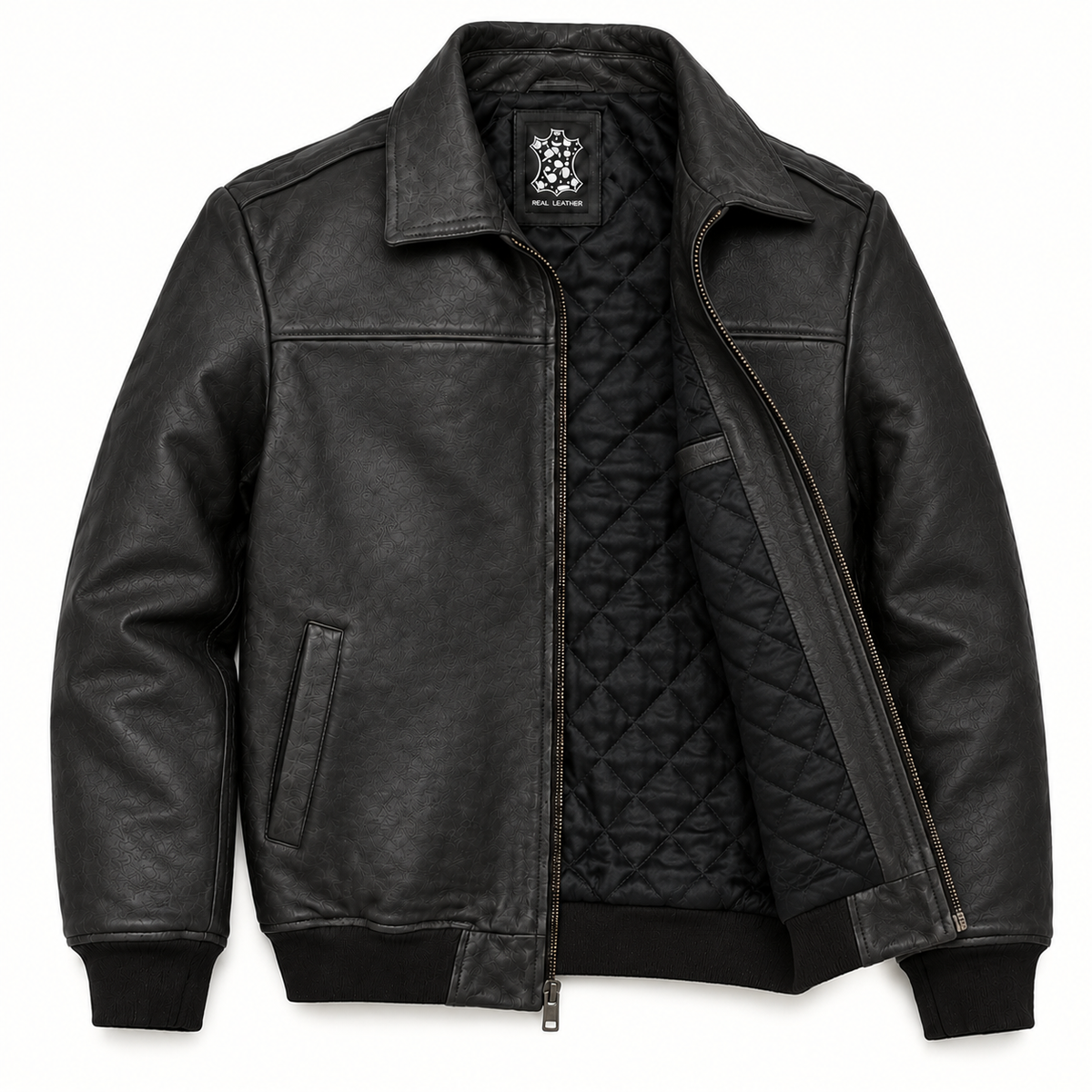 A black leather bomber jacket with a quilted black lining, shown open against a plain white background.
