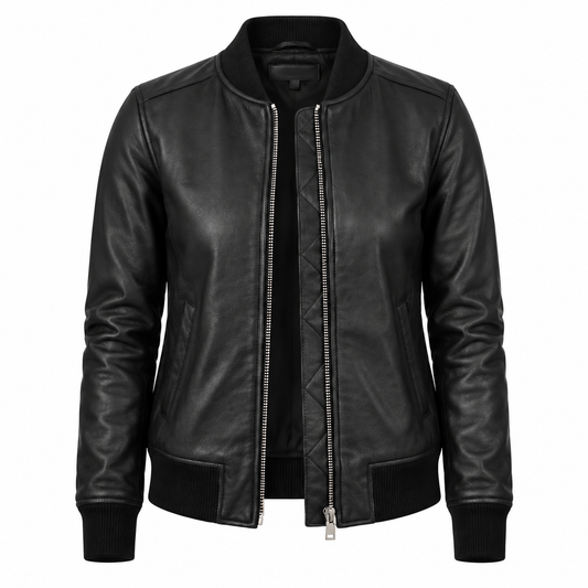 Women's black sheepskin leather bomber jacket with ribbed collar, cuffs, and hem, silver front zipper, and fitted silhouette, front view.