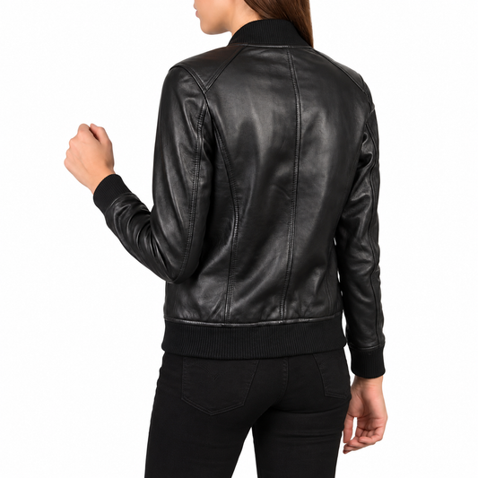 Bliss Black Leather Bomber Jacket – Women's Sheepskin Varsity Jacket