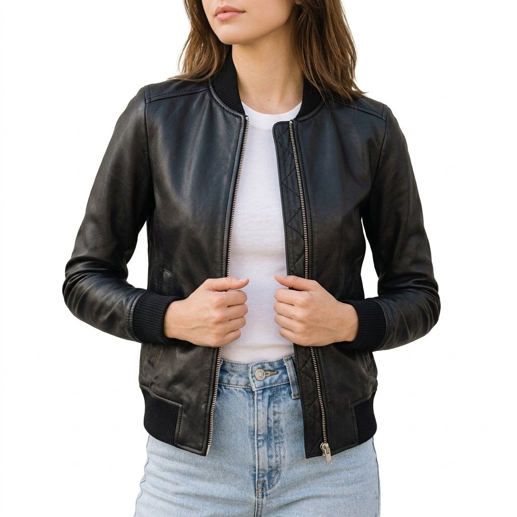 Bliss Black Leather Bomber Jacket – Women's Sheepskin Varsity Jacket