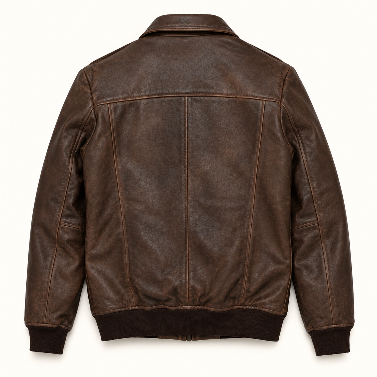 Back view of a distressed brown leather bomber jacket showing the rear panel and sleeve design.