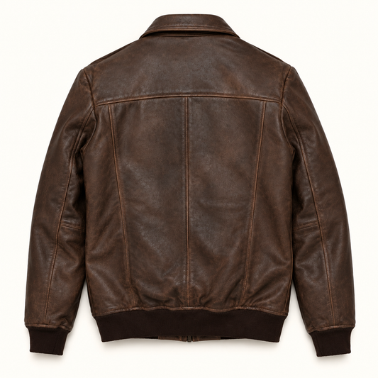 Back view of a distressed brown leather bomber jacket showing the rear panel and sleeve design.
