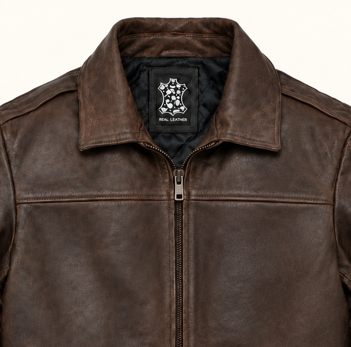 Close-up of the brown leather bomber jacket collar, upper chest and stitching details.