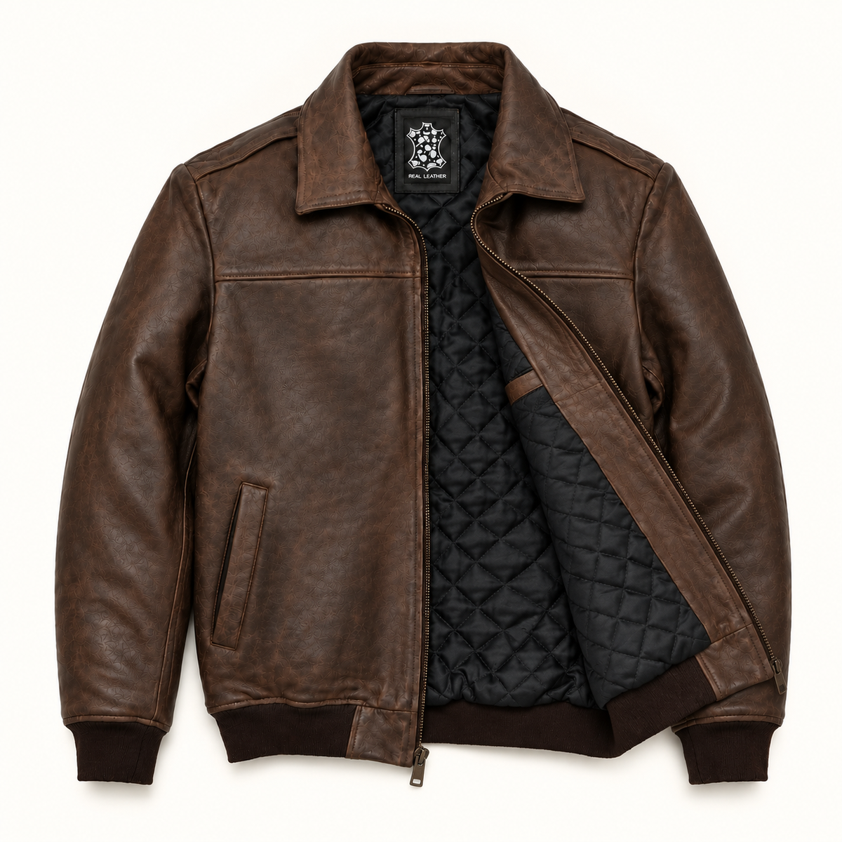 Front view of a distressed brown leather bomber jacket for men with a front zipper and ribbed waistband.