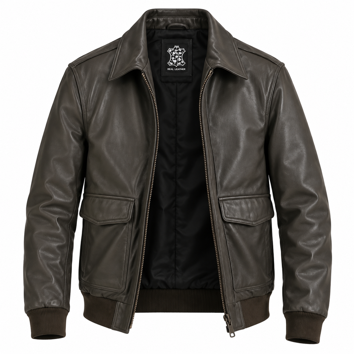 A dark brown leather jacket with a black interior lining, featuring a zippered front, ribbed knit collar, cuffs, and hem, and flap pockets on the front. 