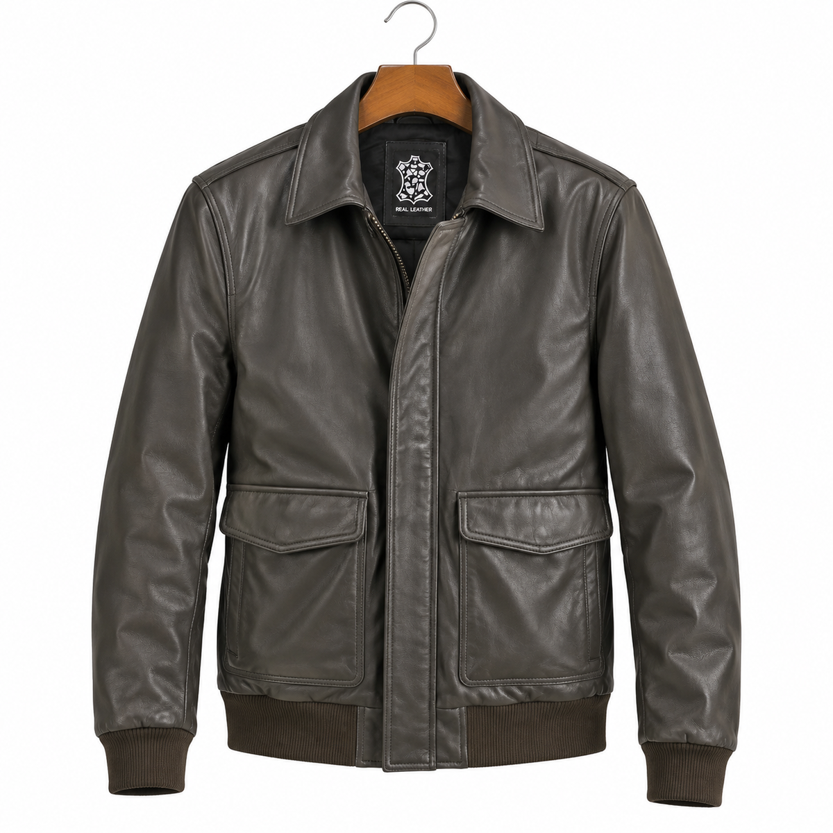 big and tall leather bomber jacket men deep brown front view in genuine lamb leather.