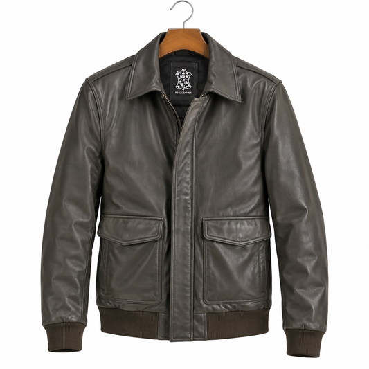 big and tall leather bomber jacket men deep brown front view in genuine lamb leather.