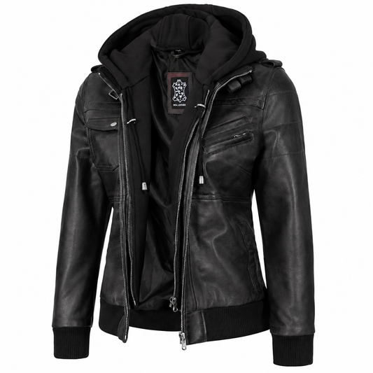 Three-quarter front view of a women's black hooded leather bomber jacket with silver zipper hardware, chest pockets, drawstrings, and ribbed trims.