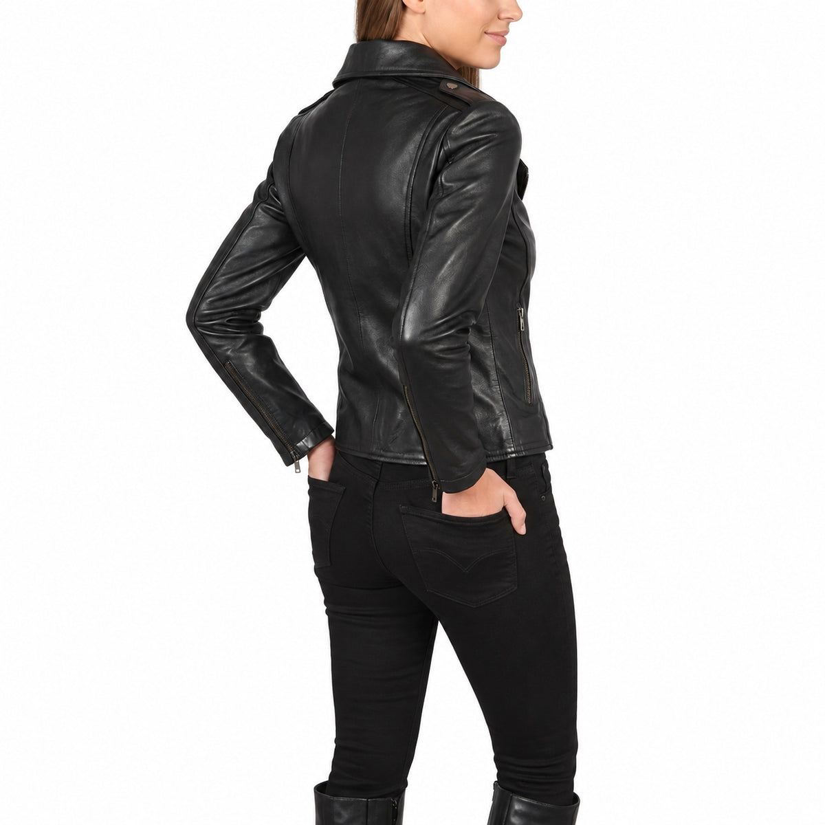 Flashback Black Leather Biker Jacket - Women's Sheepskin Moto Jacket