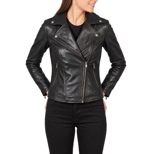 Flashback Black Leather Biker Jacket - Women's Sheepskin Moto Jacket