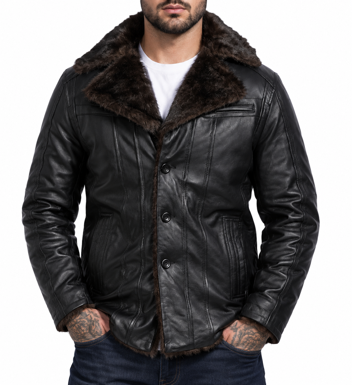 Classic Notch Collar Black Leather Coat