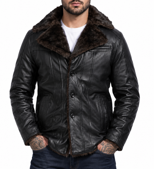 Classic Notch Collar Black Leather Coat