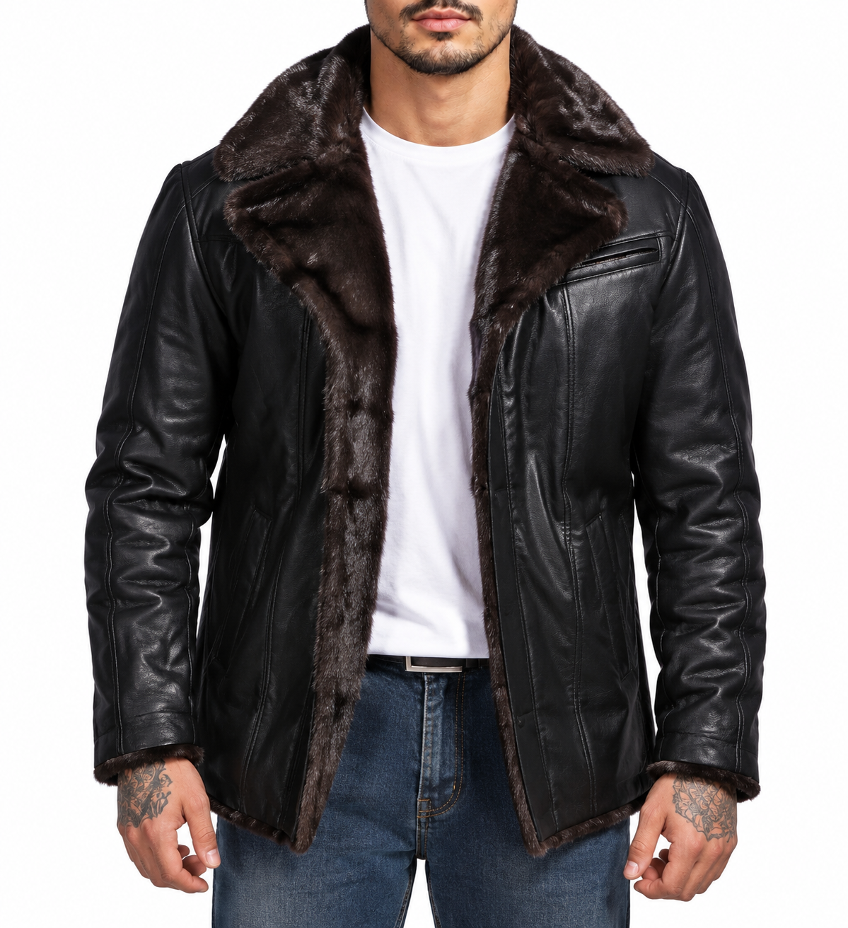 Classic Notch Collar Black Leather Coat