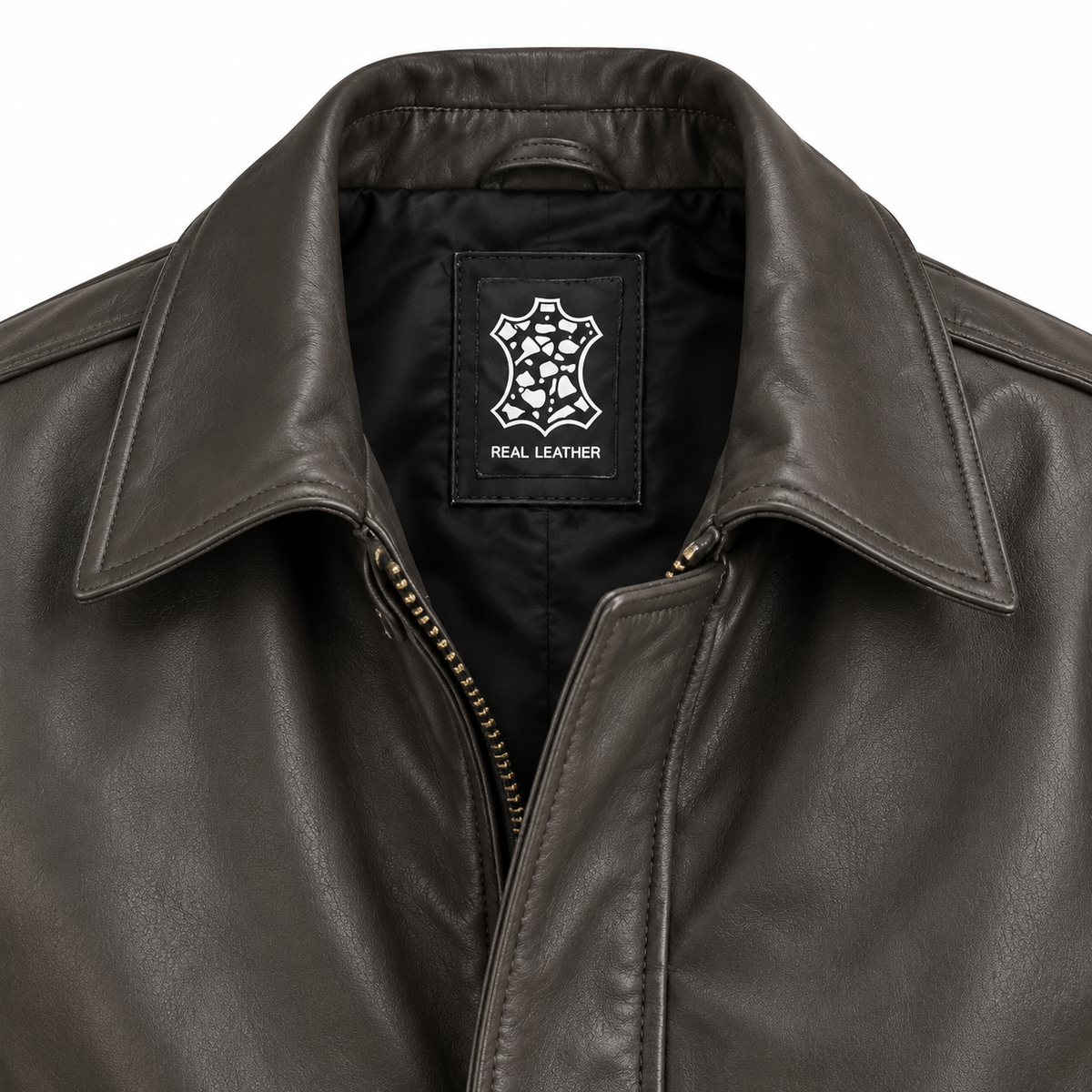 Close-up of a dark brown leather jacket collar with a black interior lining.